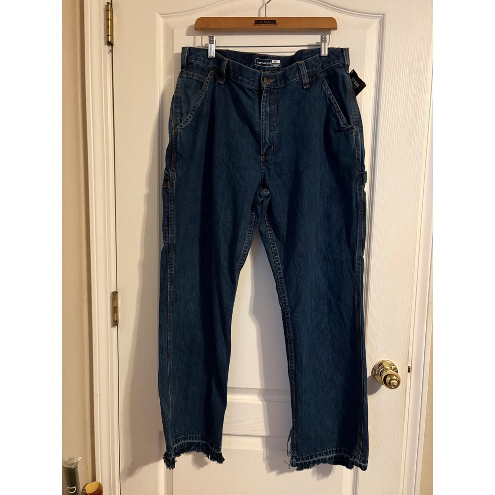 Carhartt Carpenter Jeans Mens 36x30 Blue Frayed Hem Loose Fit Work Gorpcore